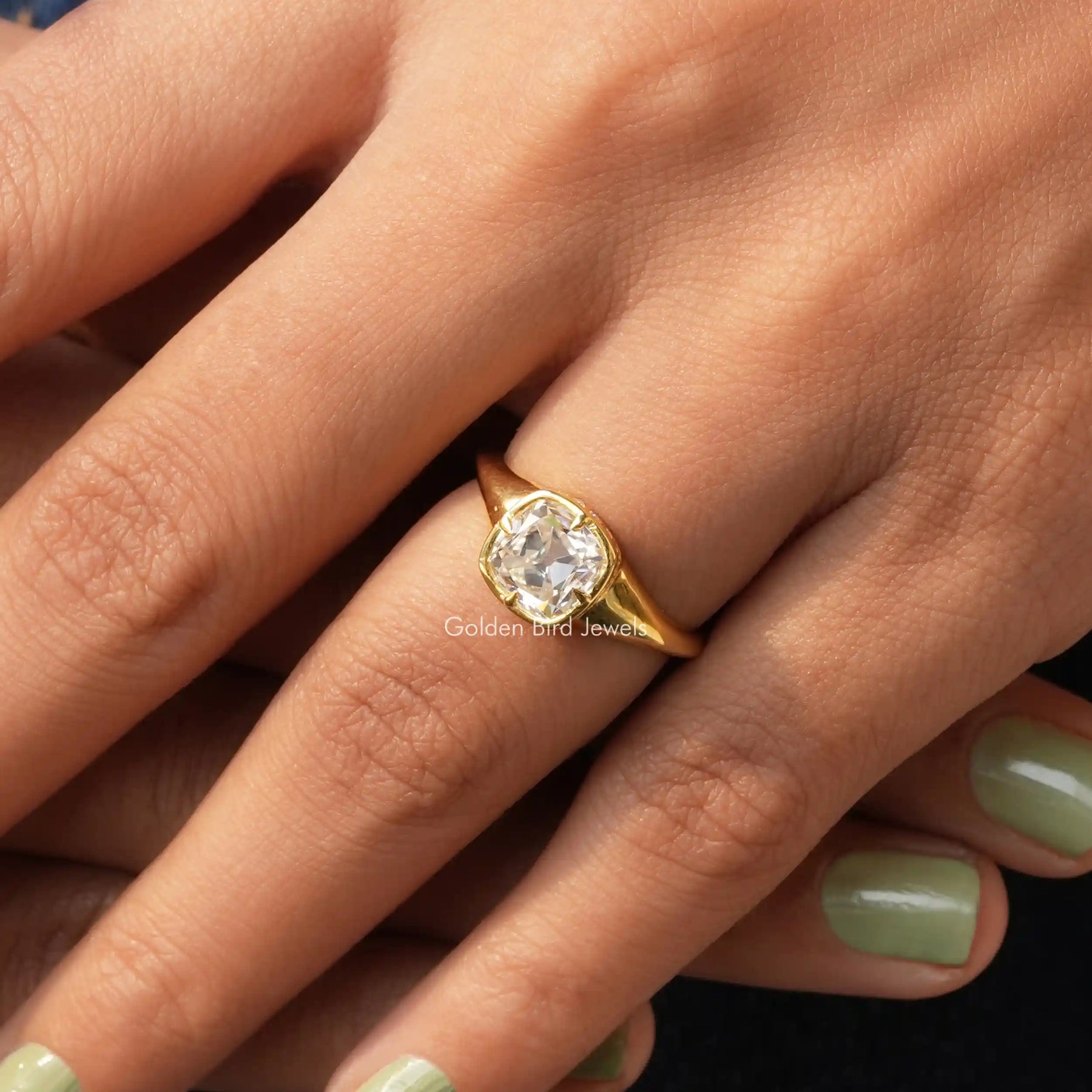 [Cushion Cut Moissanite Solitaire Ring In 14k Yellow Gold]-[Golden Bird Jewels]