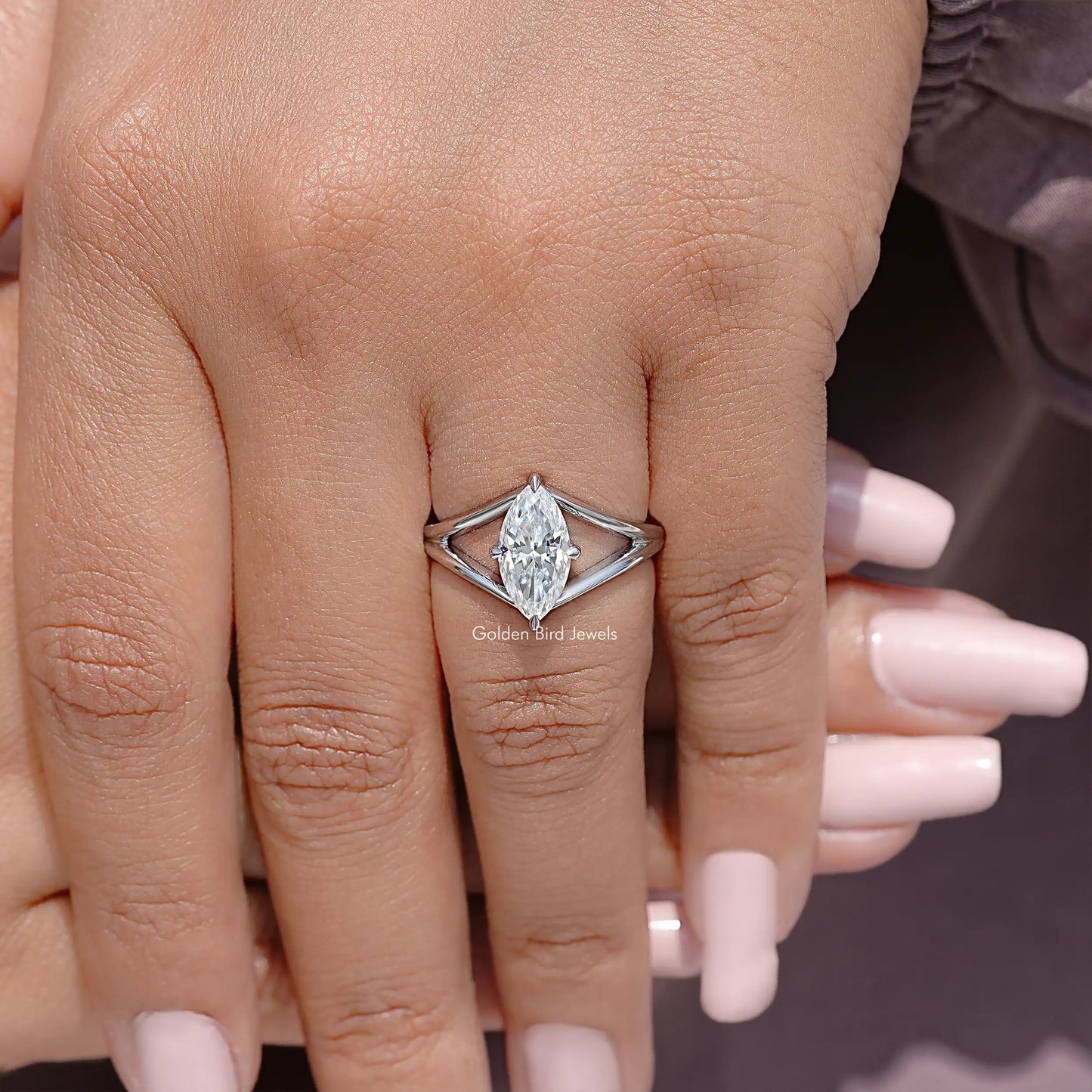Marquise Cut Moissanite Split Shank Solitaire Ring