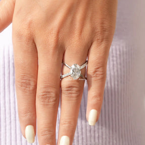 [In finger front view of crushed ice oval cut moissanite ring]-[Golden Bird Jewels]