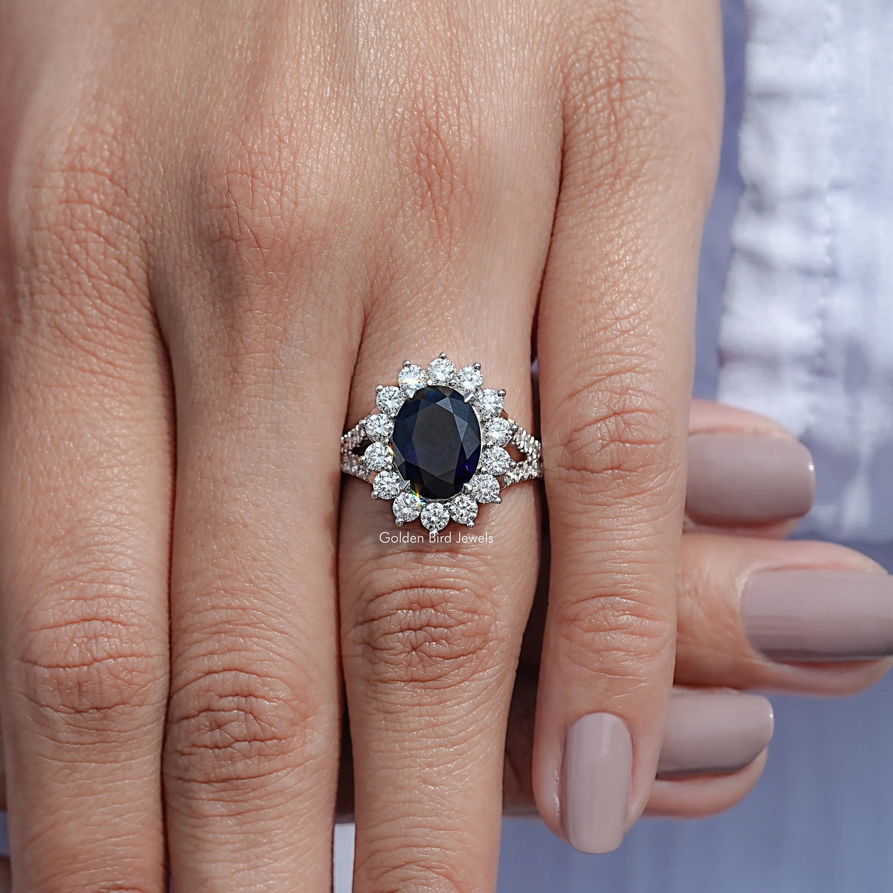 Split Shank Oval Sapphire Gemstone Halo Ring