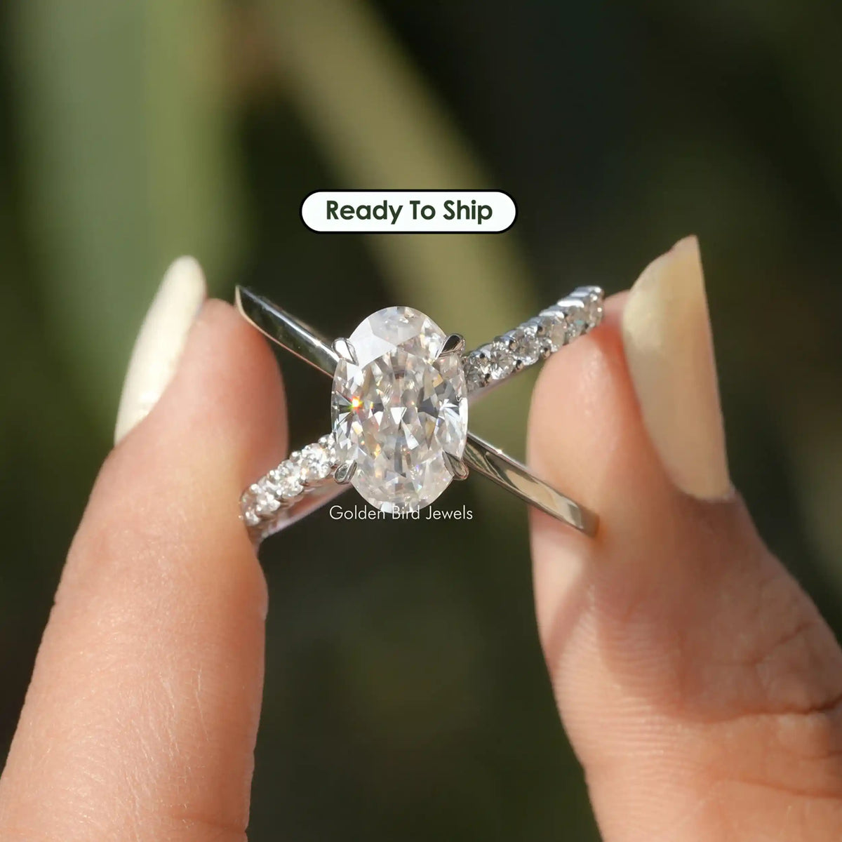 [Front view of split shank oval cut engagement ring]-[Golden Bird Jewels]
