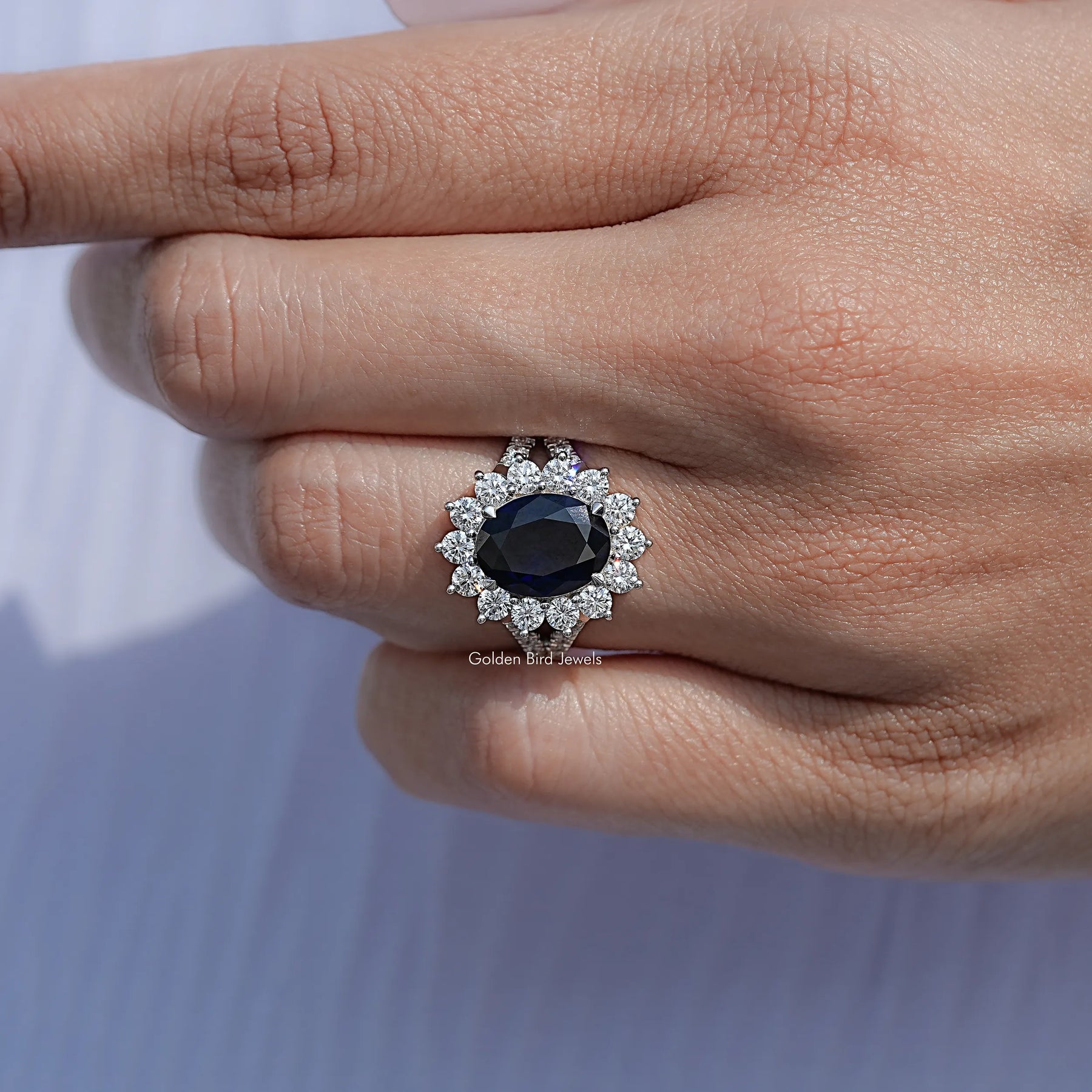 Split Shank Oval Sapphire Gemstone Halo Ring