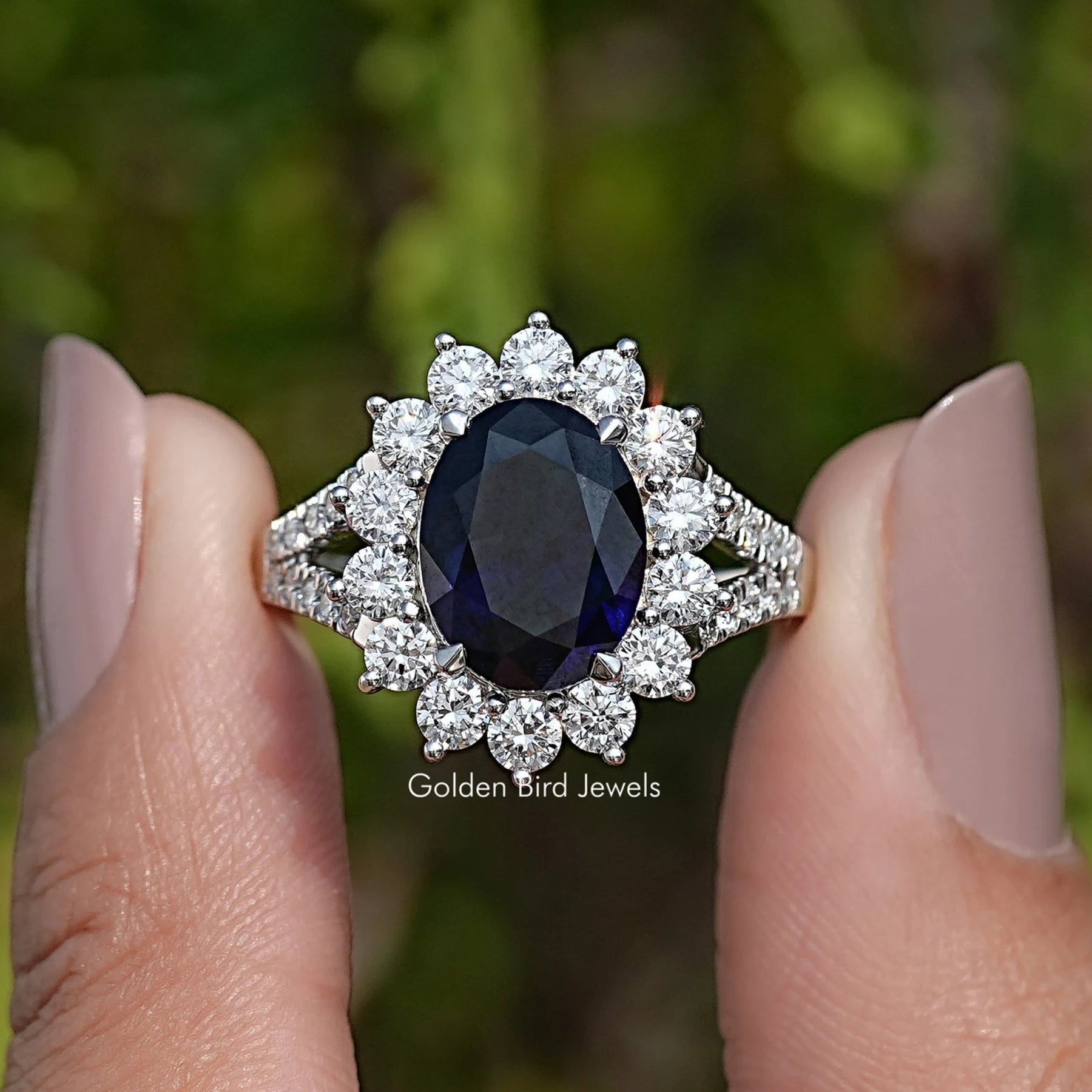 Split Shank Oval Sapphire Gemstone Halo Ring