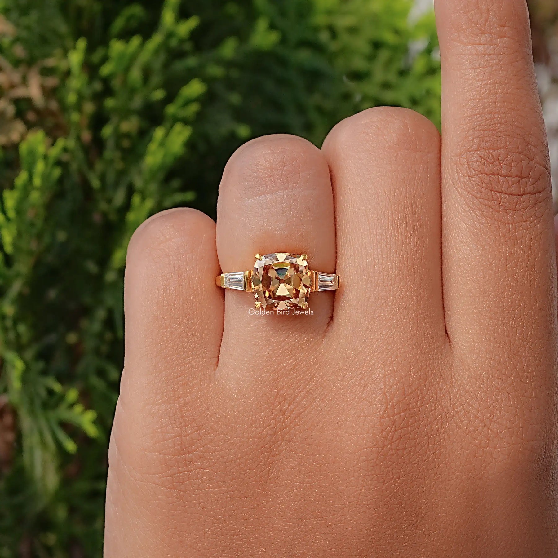 Old Mine Square Cushion Cut 3 Stone Engagement Ring