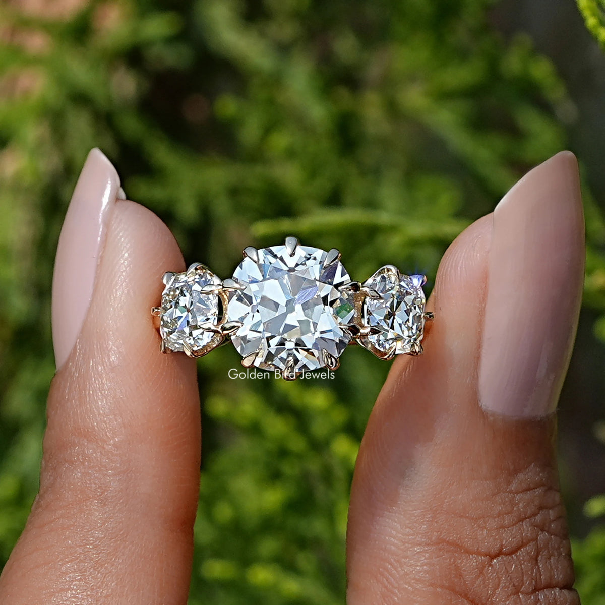 Front View of Old Mine Cushion Cut Diamond Three Stone Ring In two Fingers
