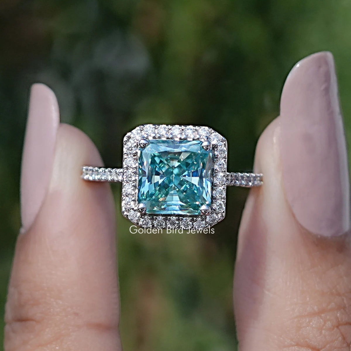 Square Radiant Moissanite Halo Accent Engagement Ring