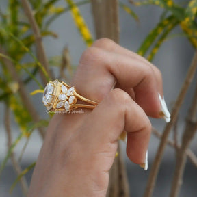 [Marquise And Cushion Cut Moissanite Artt Deco Ring In 14kYellow Gold]-[Golden Bird Jewels]