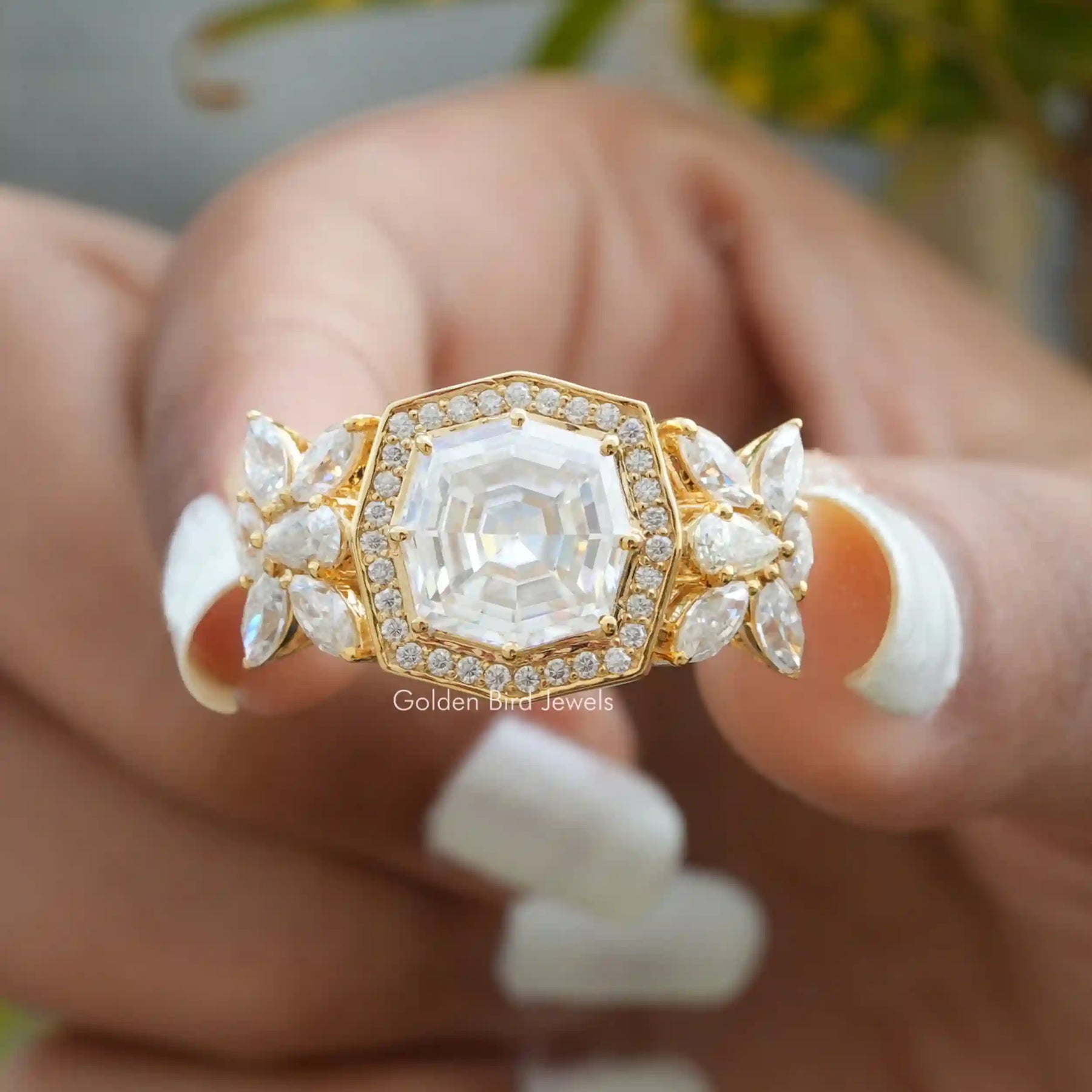 [Step Cut Cushion And Marquise Moissanite Ring]-[Golden Bird Jewels]