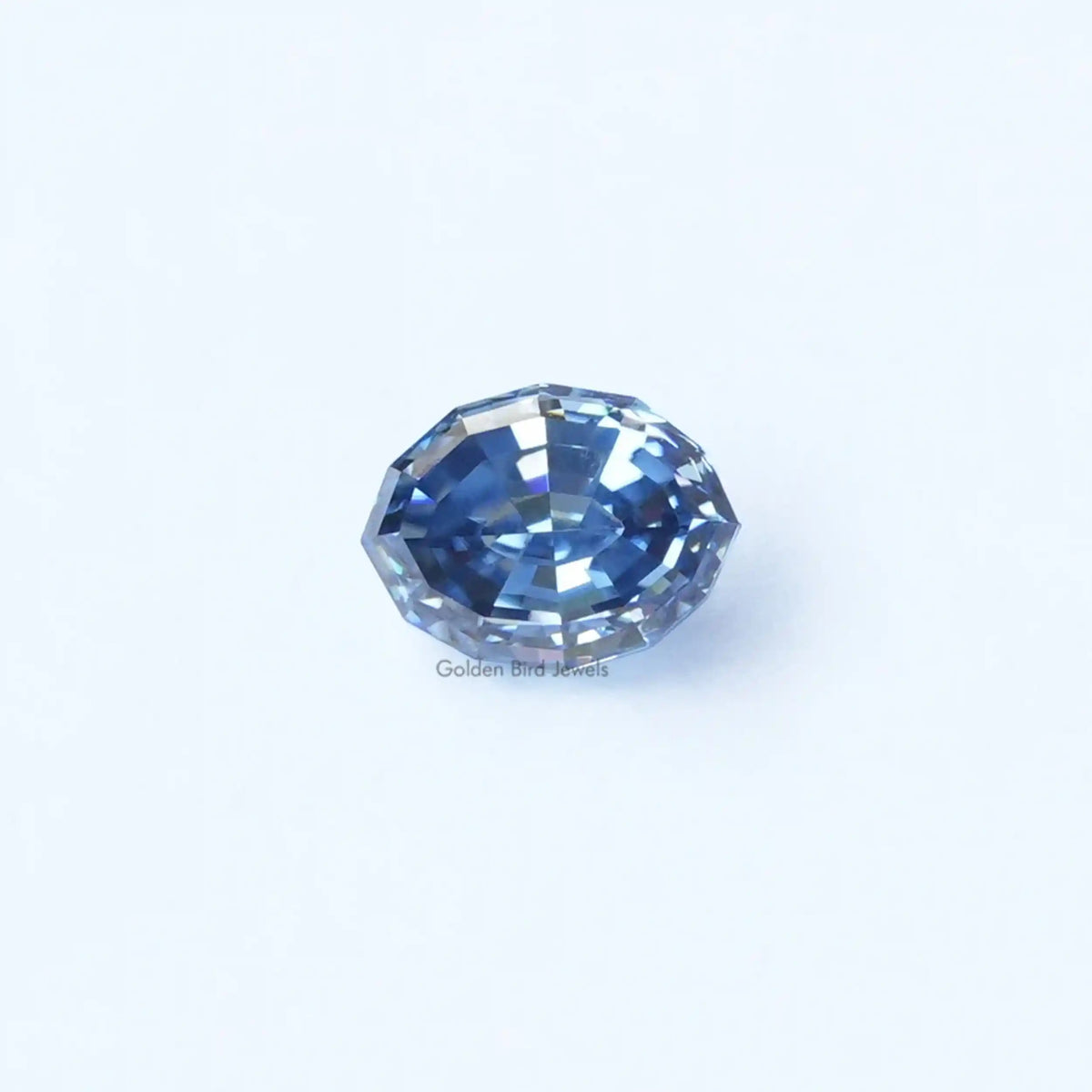 [Front view of step cut oval loose moissanite made of blue color]-[Golden Bird Jewels]