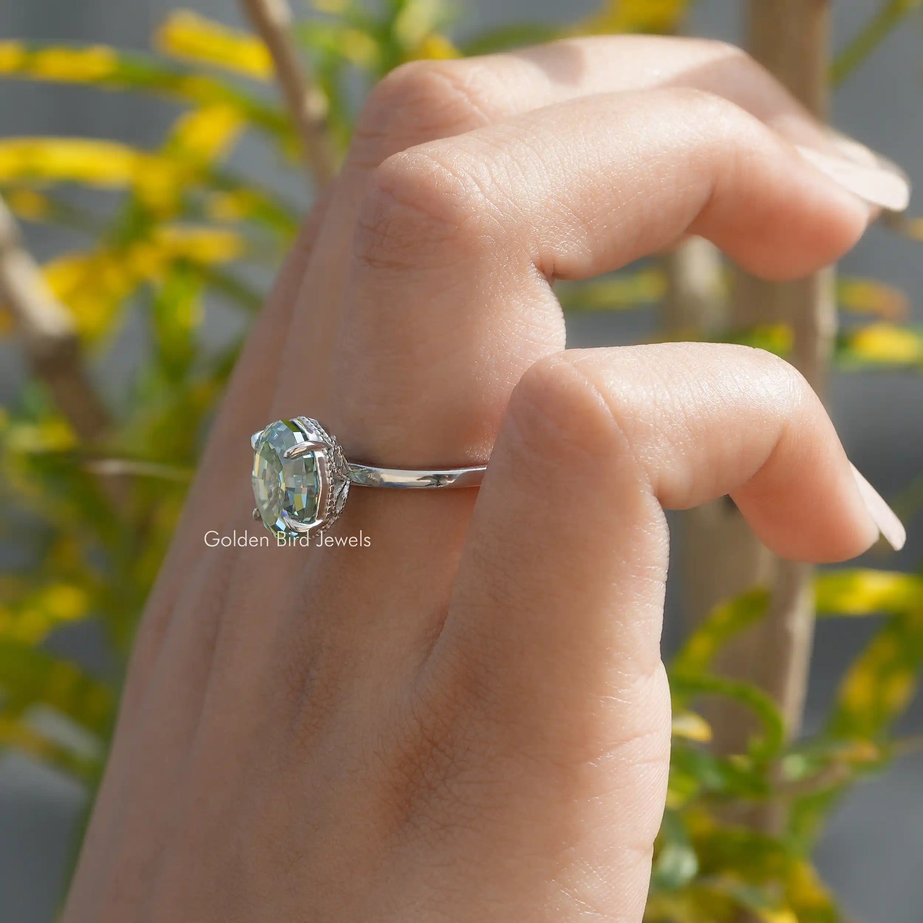 [Hidden Halo Oval Cut Moissanite Engagement Ring In 14K White Gold]-[Golden Bird Jewels]