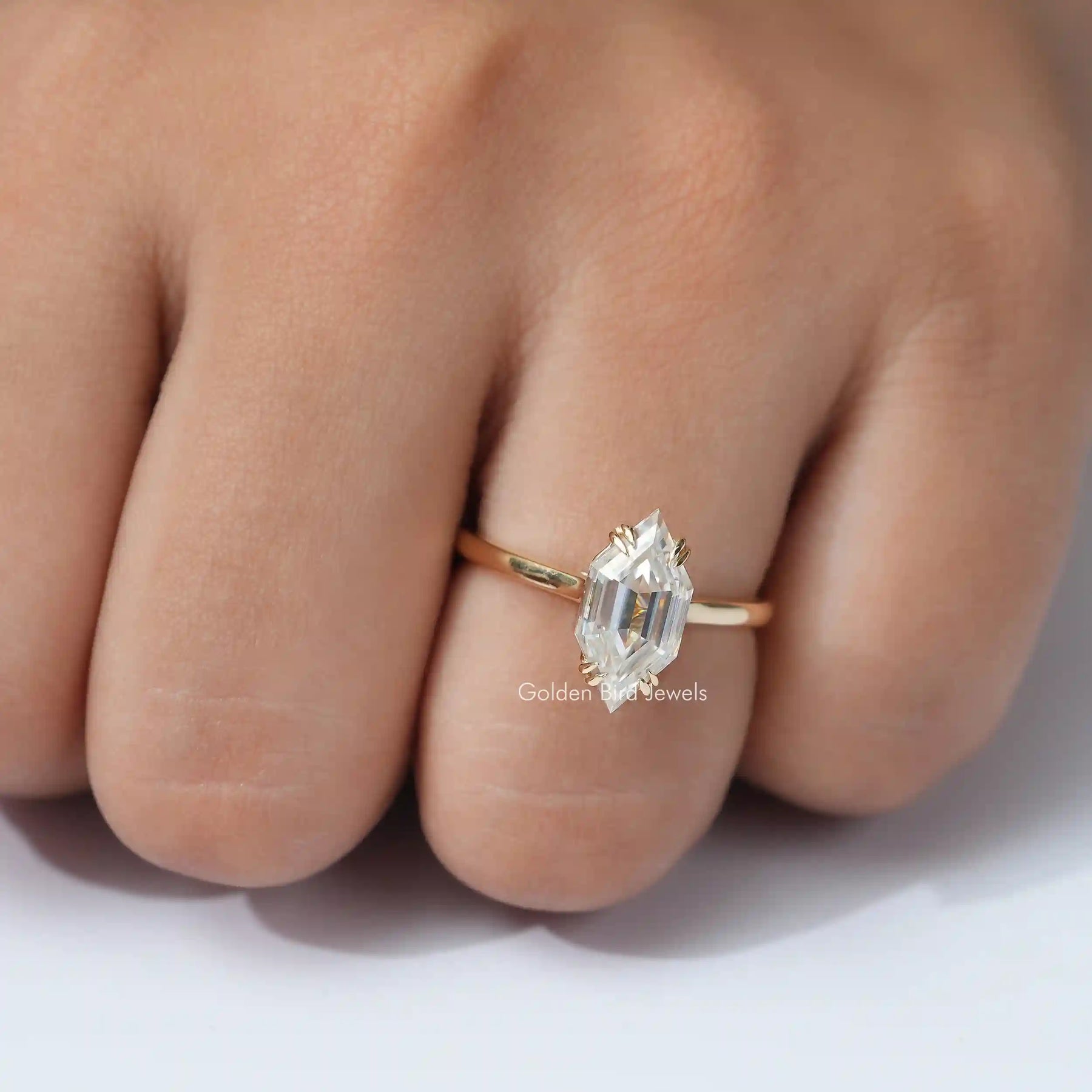 [Step Cut Dutch Marquise Moissanite Ring In 14k Yellow Gold]-[Golden Bird Jewels]