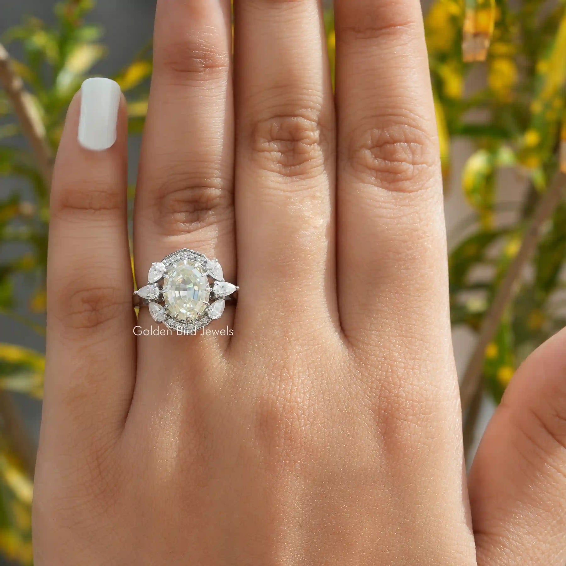 Step cut Oval Moissanite Halo Vintage Ring