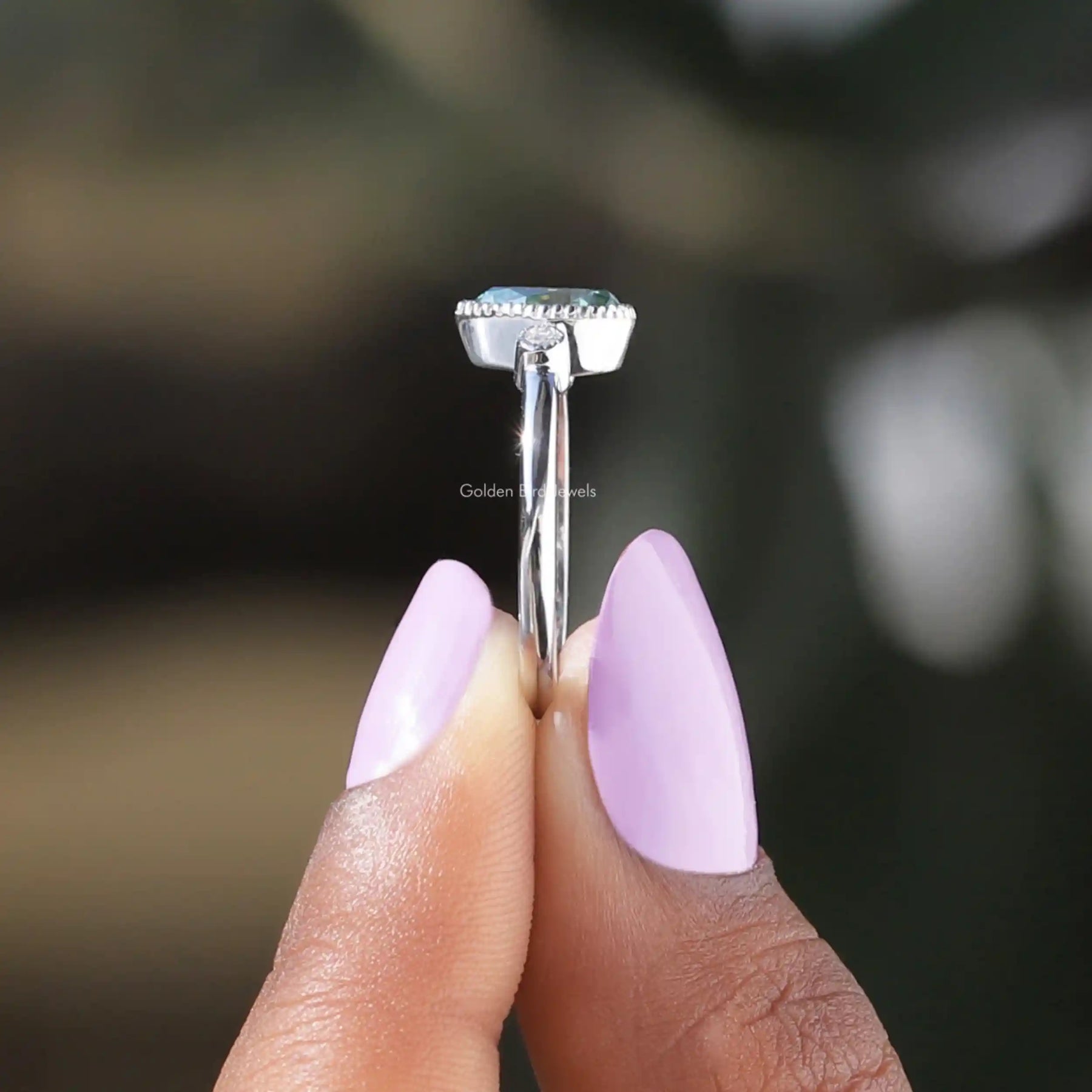 [Blue Green Pear And Round Cut Moissanite Ring]-[Golden Bird Jewels]