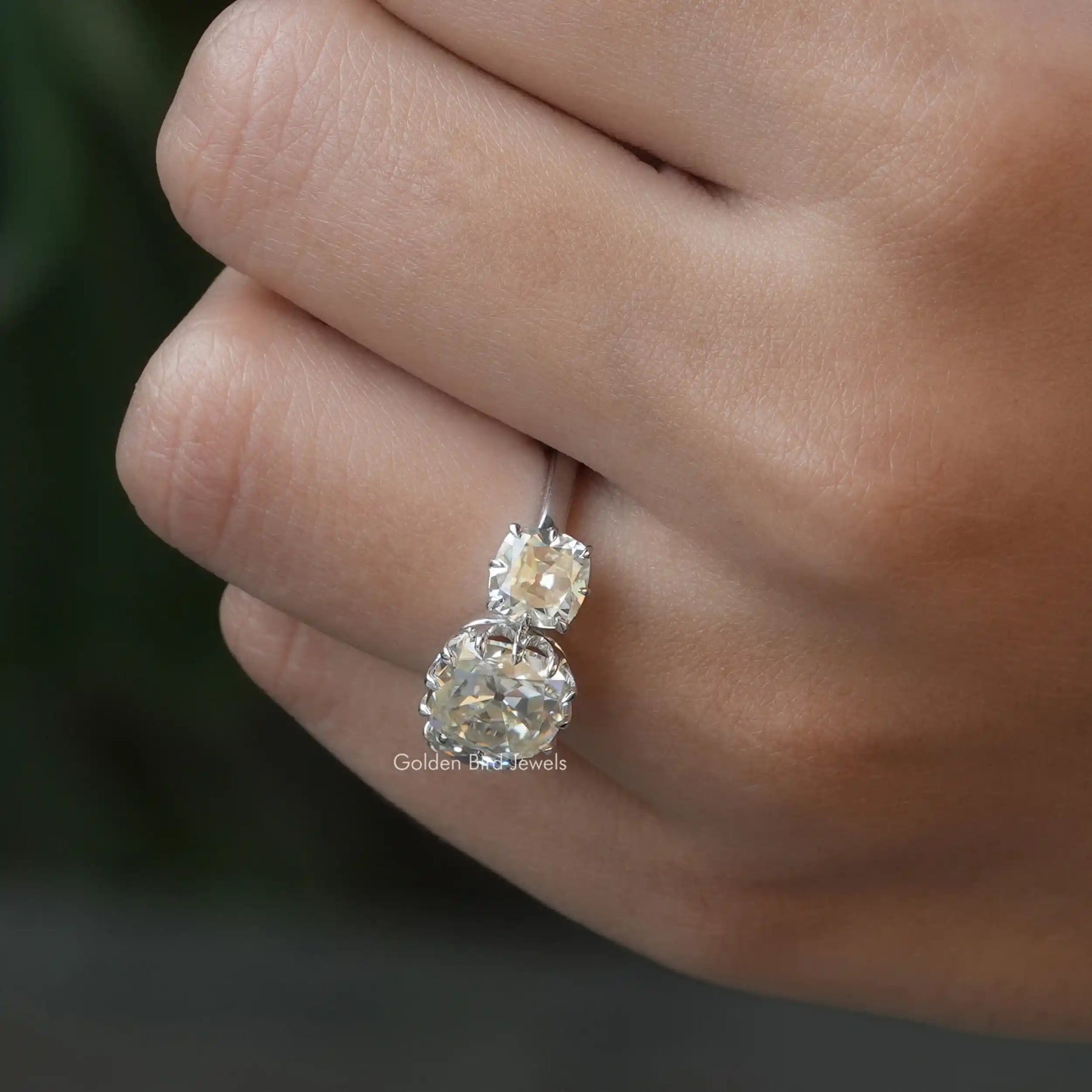 [In finger front view of old mine cushion cut three stone engagement ring]-[Golden Bird Jewels]