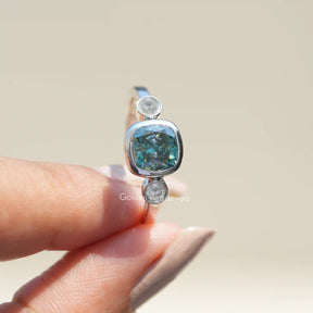 [Blue Green Cushion Three Stone Engagement Ring]-[Golden Bird Jewels]