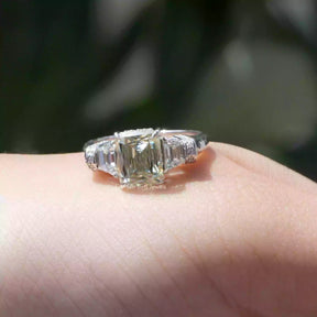 [Front view of moissanite criss cut three stone engagement ring]-[Golden Bird Jewels]