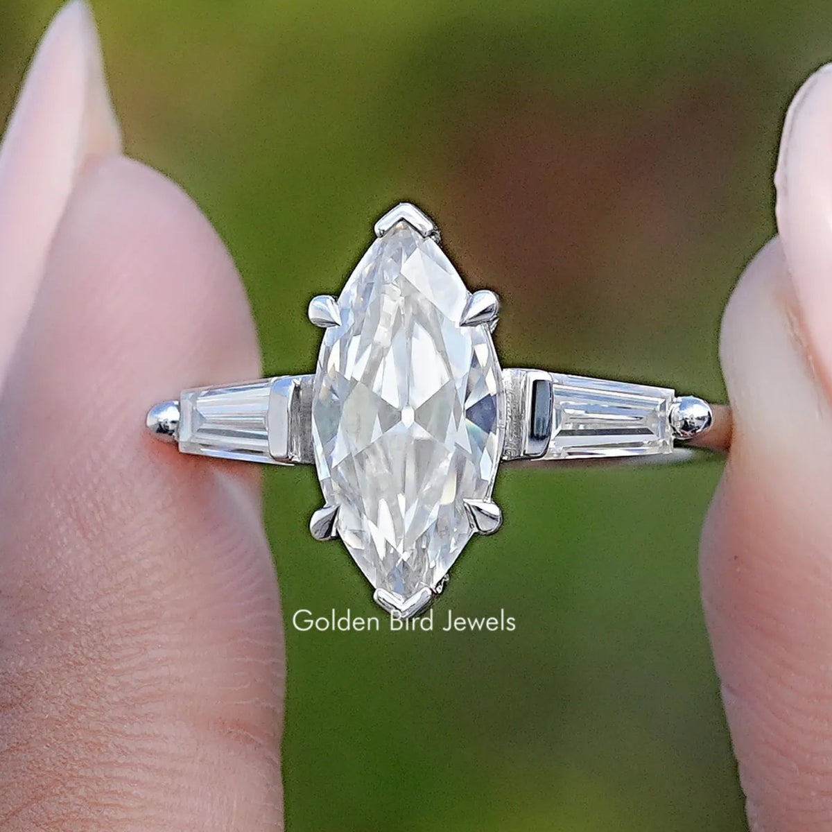 Three Stone Old Mine Marquise Moissanite Ring