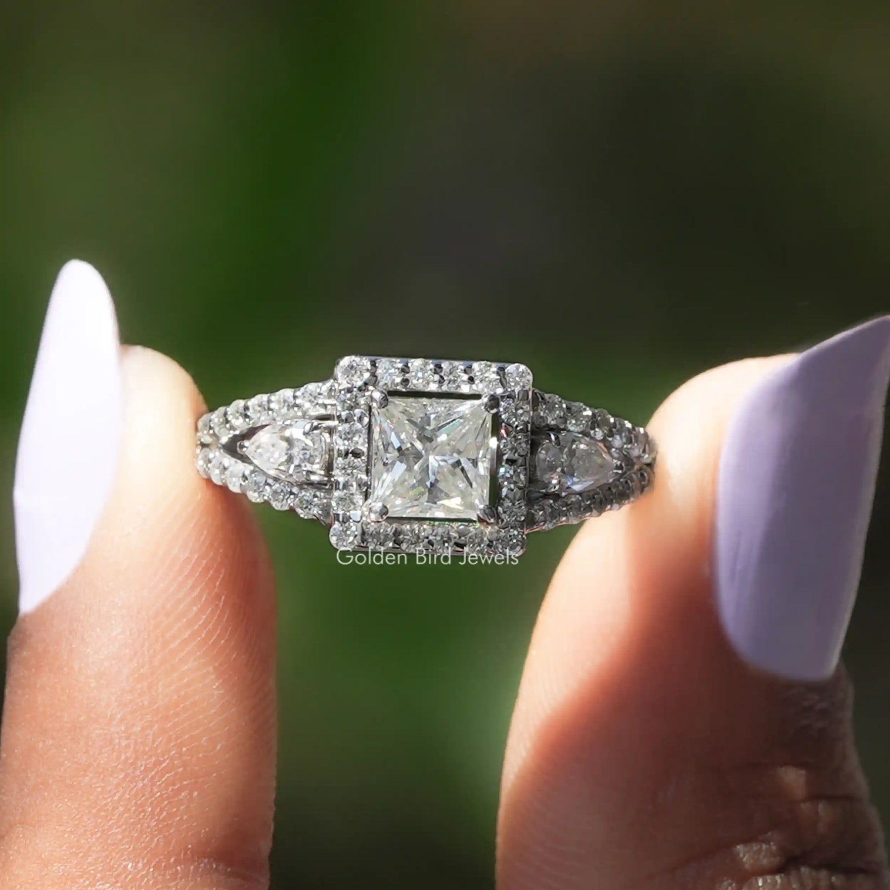 [Three stone princess cut halo moissanite engagement ring in 14k white gold]-[Golden Bird Jewels]