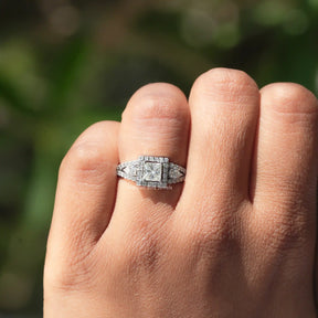 Princess Cut Three Stone Halo Engagement Ring