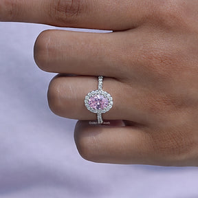 Profile View of Pink Oval Cut Gemstone Halo Accent Stone Ring