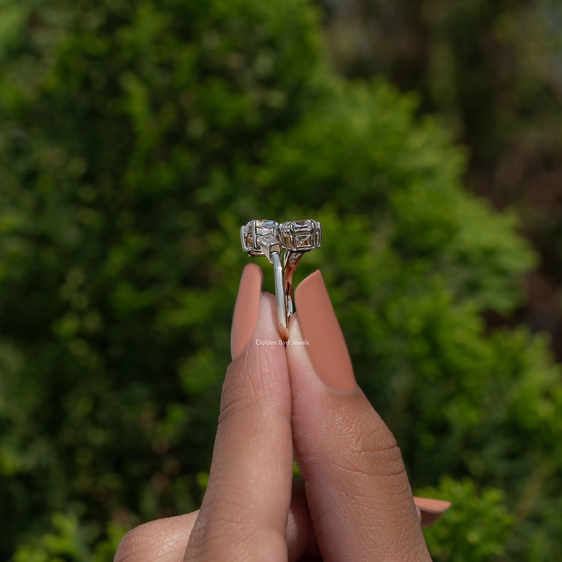 2 stone Old Mine Cushion Bypass Engagement Ring