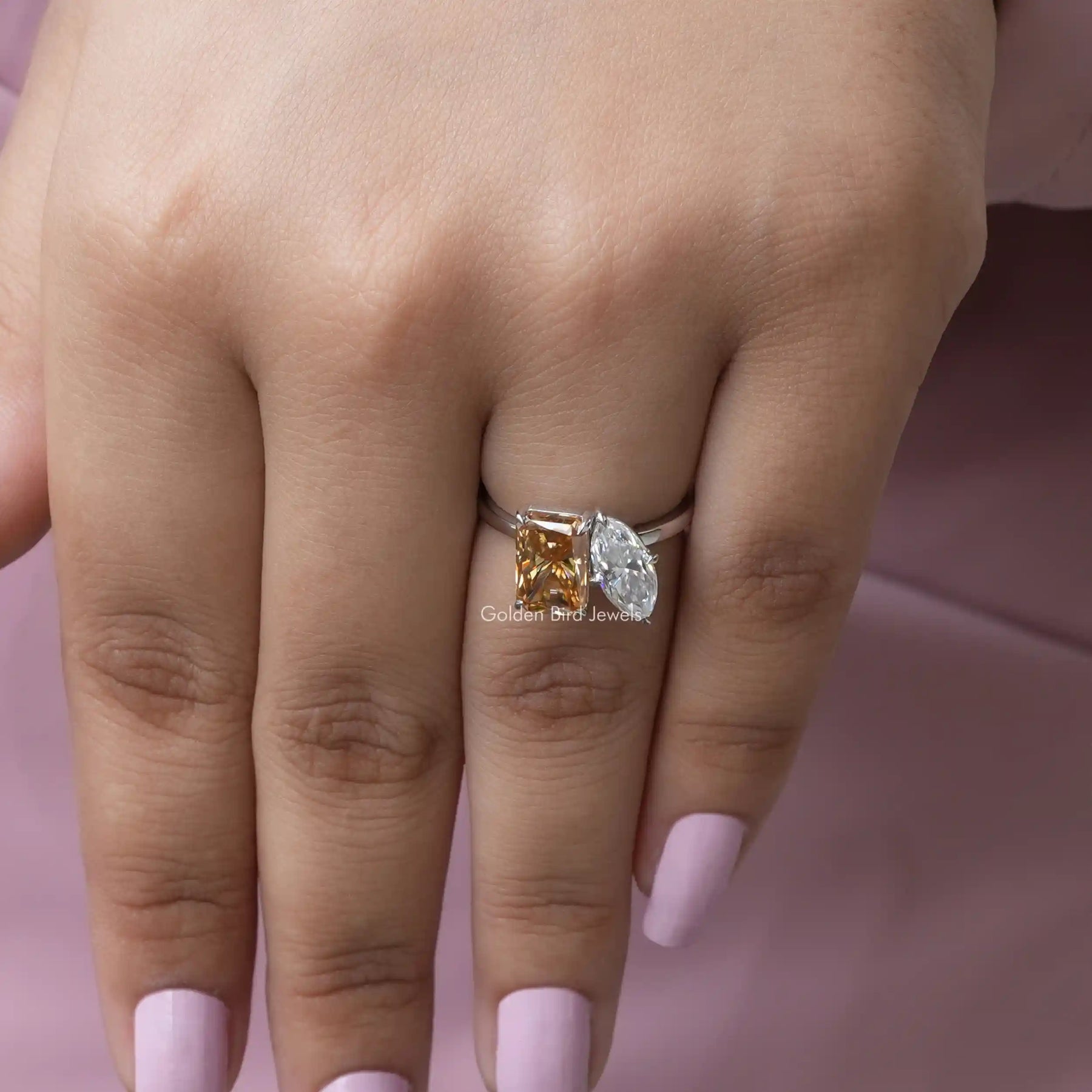 [In finger front view of two stone toi et moi ring]-[Golden Bird Jewels]