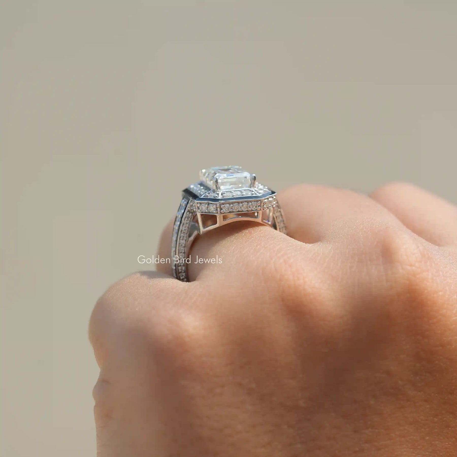 [White Gold Emerald Cut Moissanite Vintage Style Engagement Ring]-[Golden Bird Jewels]