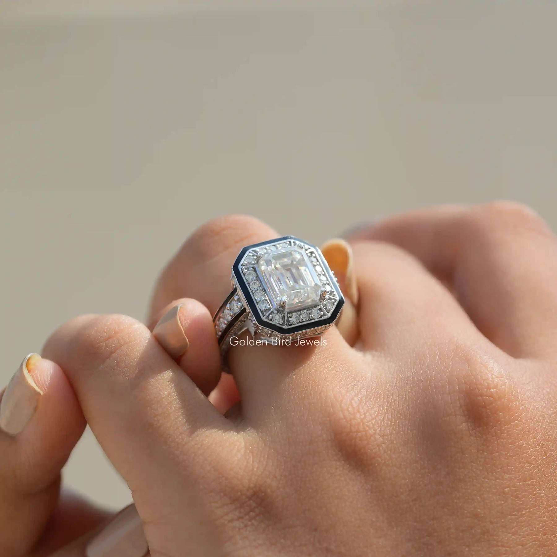 [Moissanite Emerald Cut Engagement Ring Set In Prongs]-[Golden Bird Jewels]