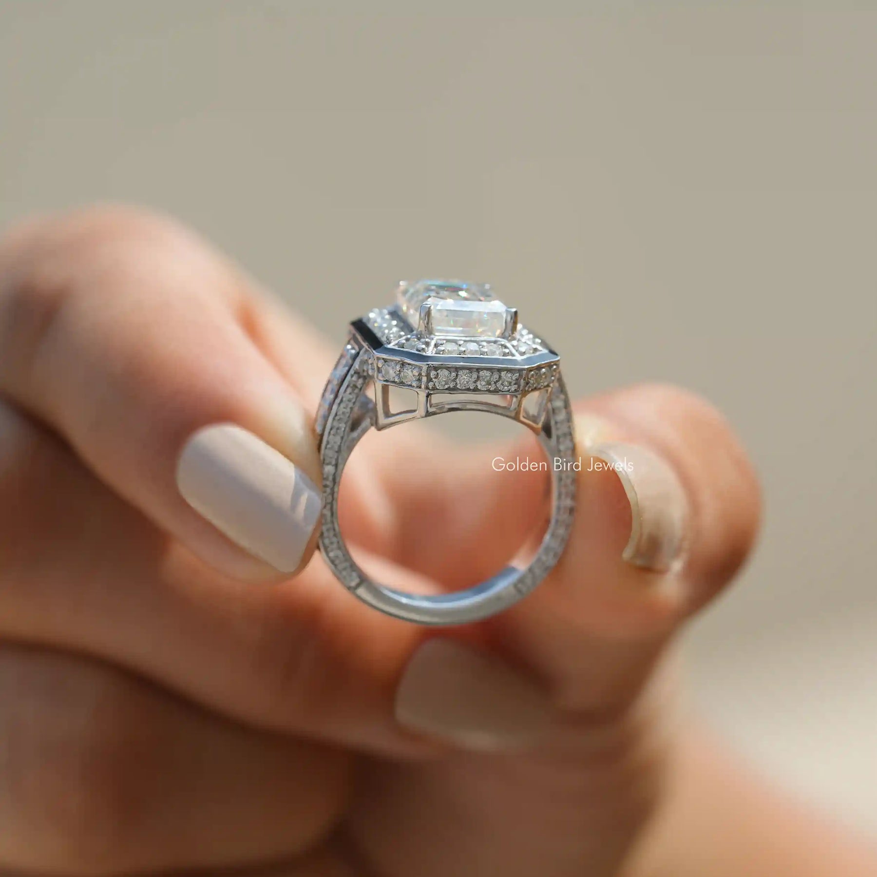 [Emerald Cut Moissanite Vintage Style Ring]-[Golden Bird Jewels]