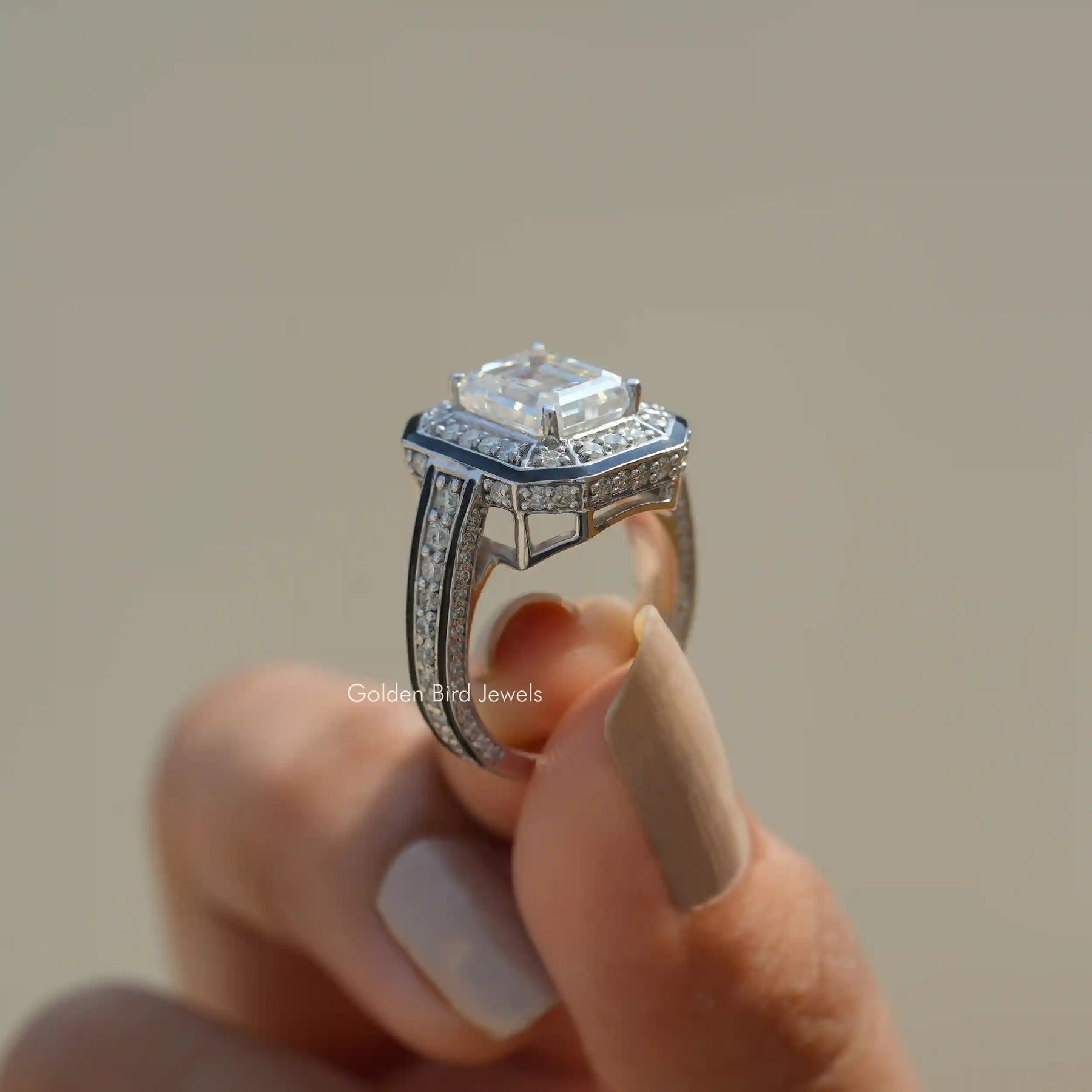 [Moissanite Emerald Cut Halo Engagement Ring]-[Golden Bird Jewels]