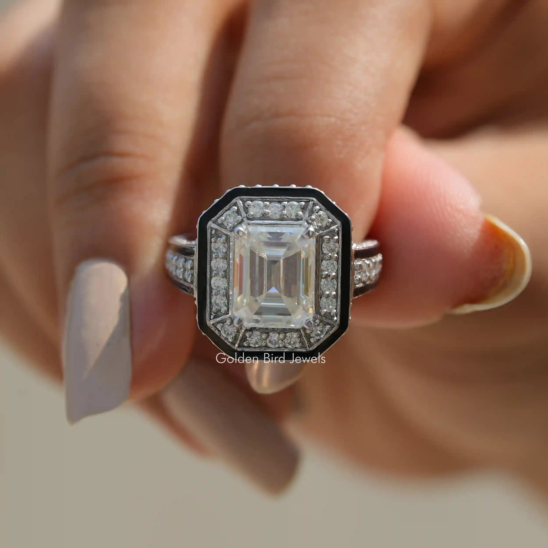 [Moissanite Emerald Cut Halo Engagement Ring Made In 18k White Gold]-[Golden Bird Jewels]