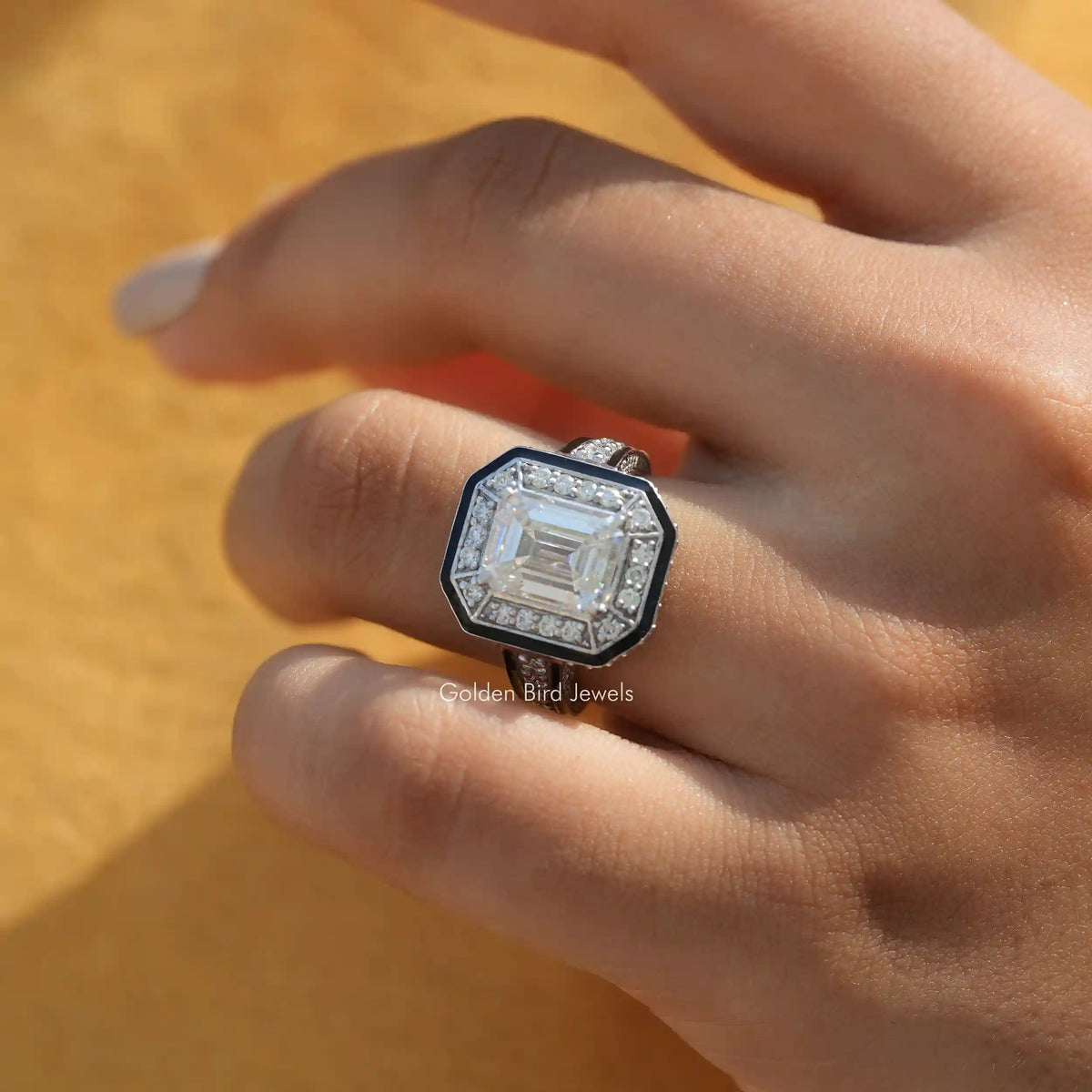 [3.70 Carat Emerald Cut Moissanite Halo Engagement Ring]-[Golden Bird Jewels]