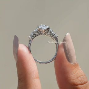 Back View of Old Mine Cushion Cut Moissanite Anniversary Ring In two fingers