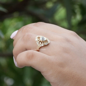 [In finger side view of moissanite round cut vintage style ring]-[Golden Bird Jewels]