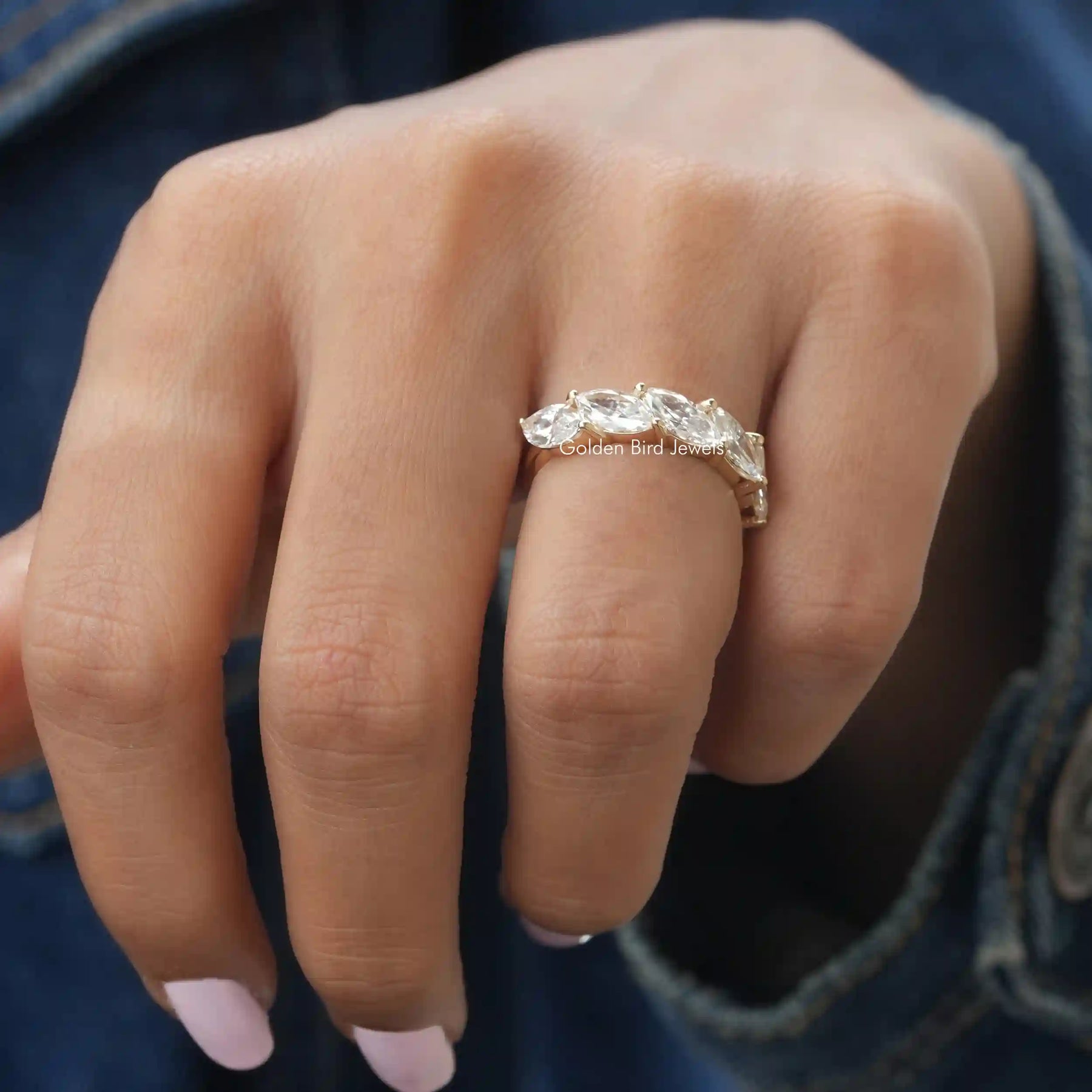 [In finger front view marquise cut lab grown diamond marquise cut band]-[Golden Bird Jewels]