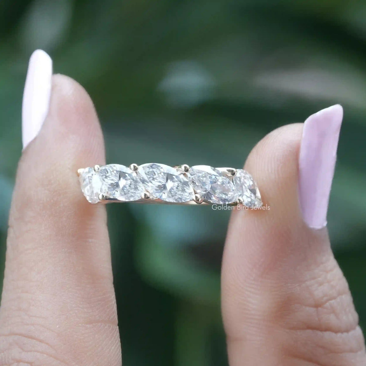 [Lab grown diamond marquise cut band set in 14k white gold]-[Golden Bird Jewels]