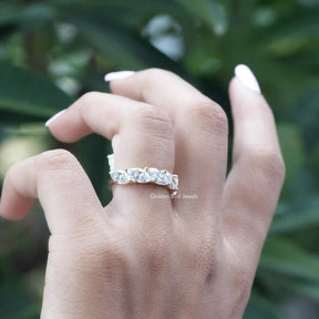 [In finger front view of lab grown diamond marquise band set in prongs]-[Golden Bird Jewels]