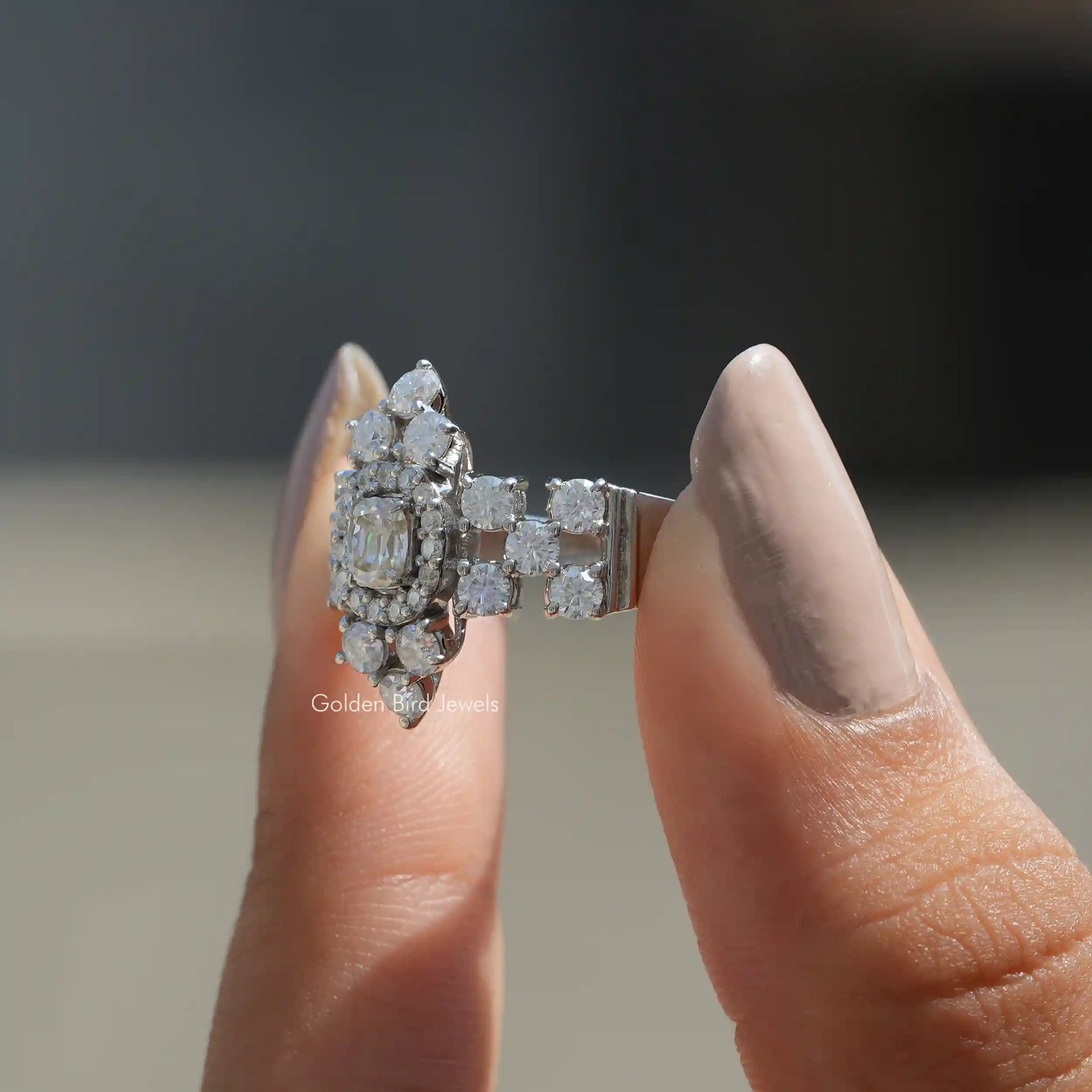 [Moissanite Cushion Cut Vintage Style Cluster Anniversary Ring]-[Golden Bird Jewels]