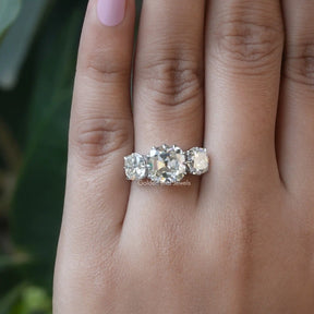 [This cushion cut three stone moissanite ring set in prong setting]-[Golden Bird Jewels]