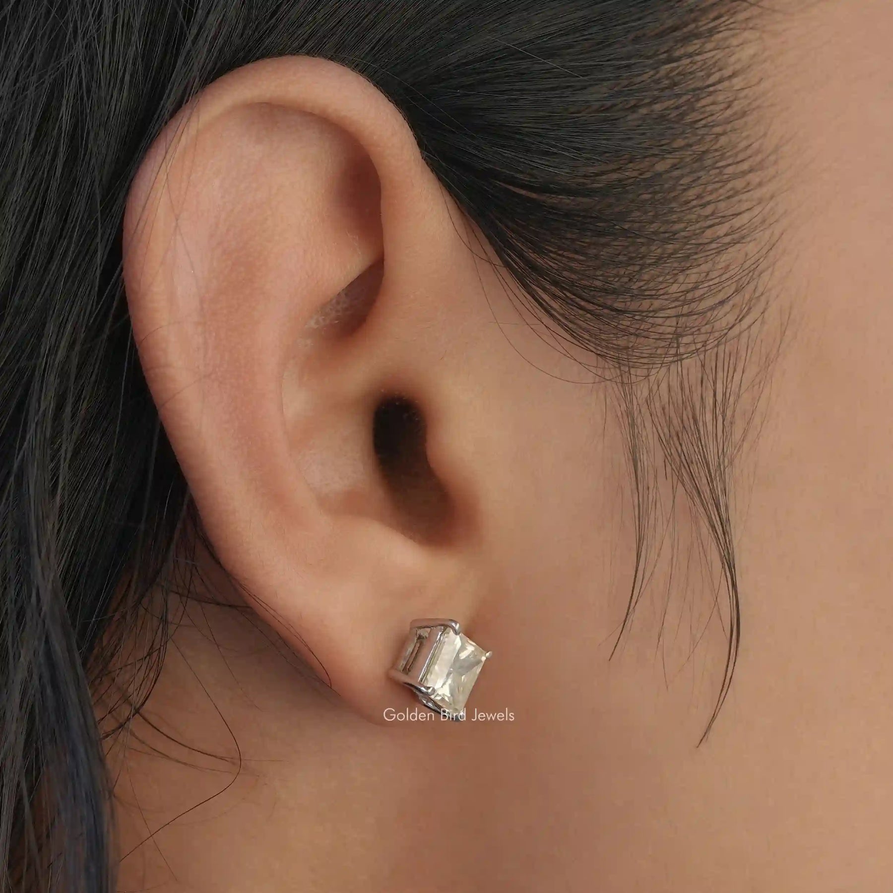 [In ear front view of princess cut stud earrings set in 4 prongs]-[Golden Bird Jewels]