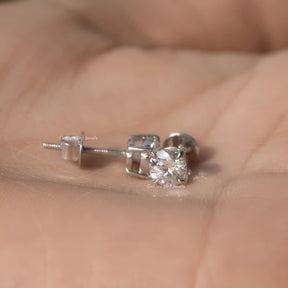 [This round cut earrings made of prong setting and 14k white gold]-[Golden Bird Jewels]