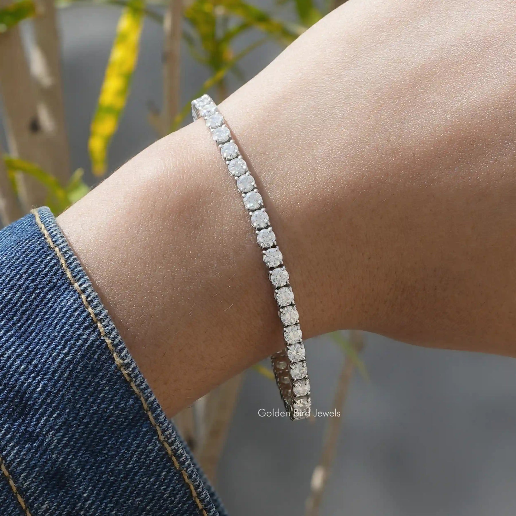 [Front view of moissanite round cut tennis bracelet made of white gold]-[Golden Bird Jewels]