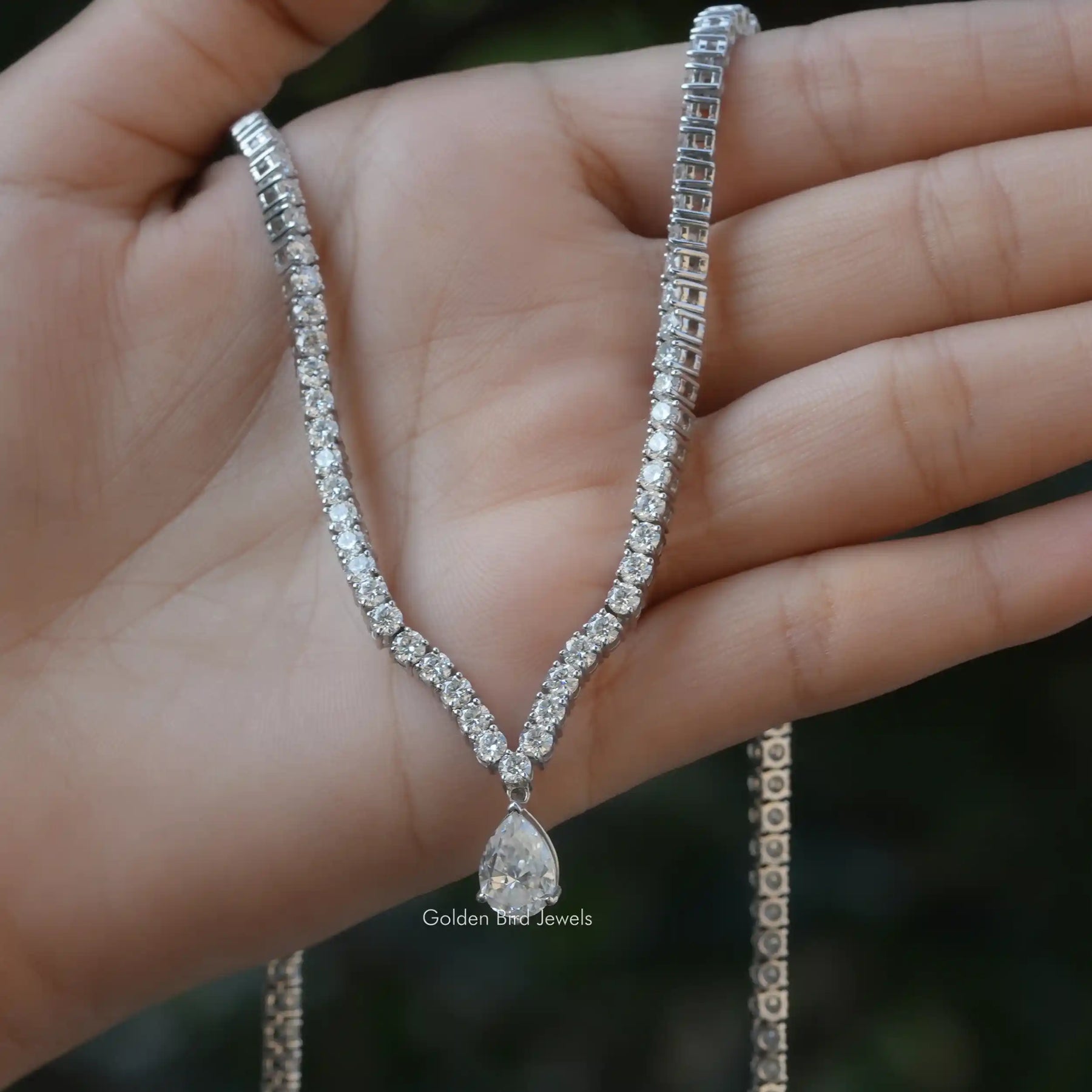 [This moissanite pear shaped tennis necklace made of 14k white gold]-[Golden Bird Jewels]