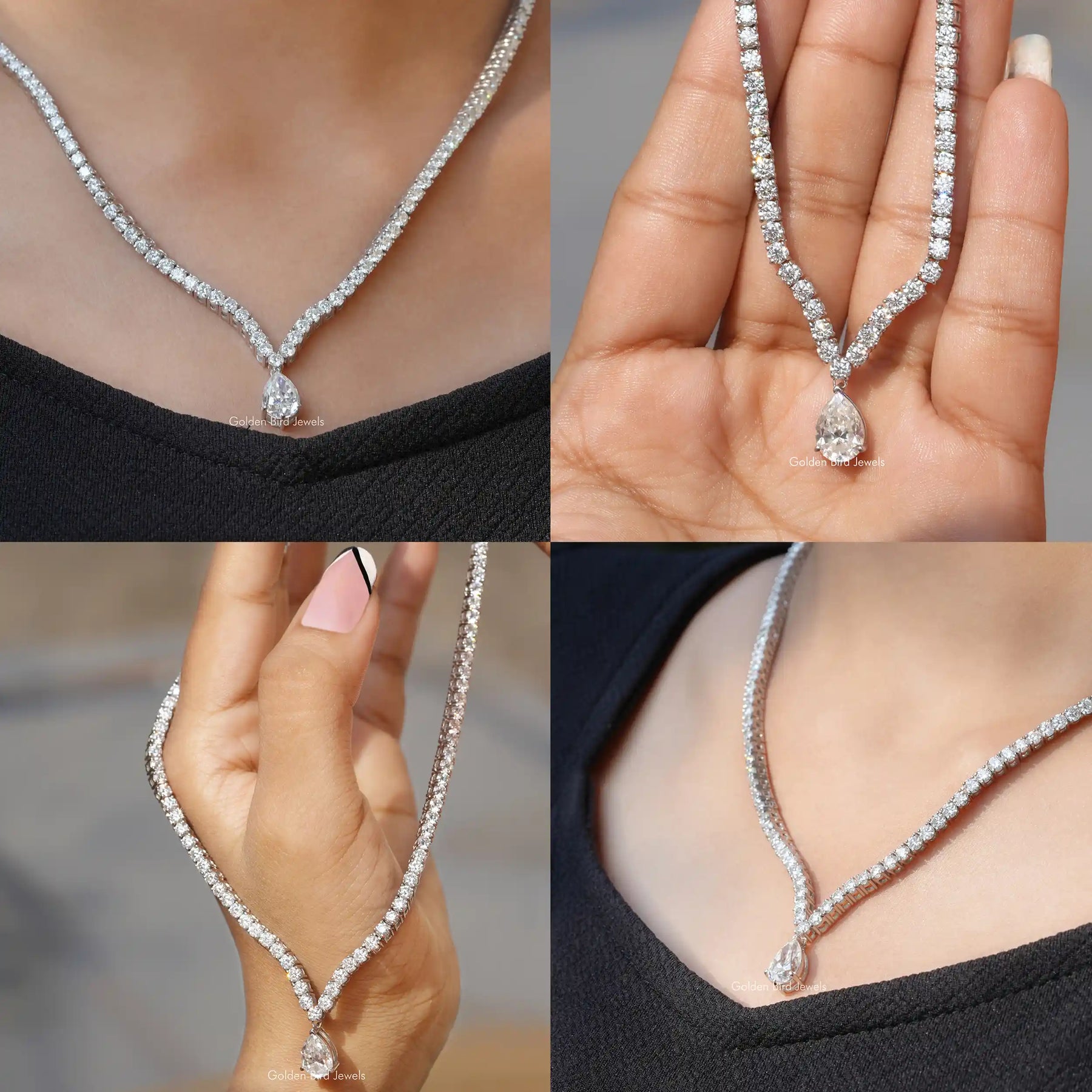 [Collage of pear shaped tennis wedding necklace]-[Golden Bird Jewels]