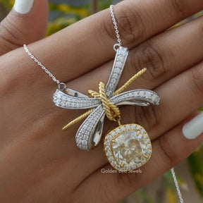 [Front view of yellow and white gold cushion cut moissanite pendant]-[Golden Bird Jewels]