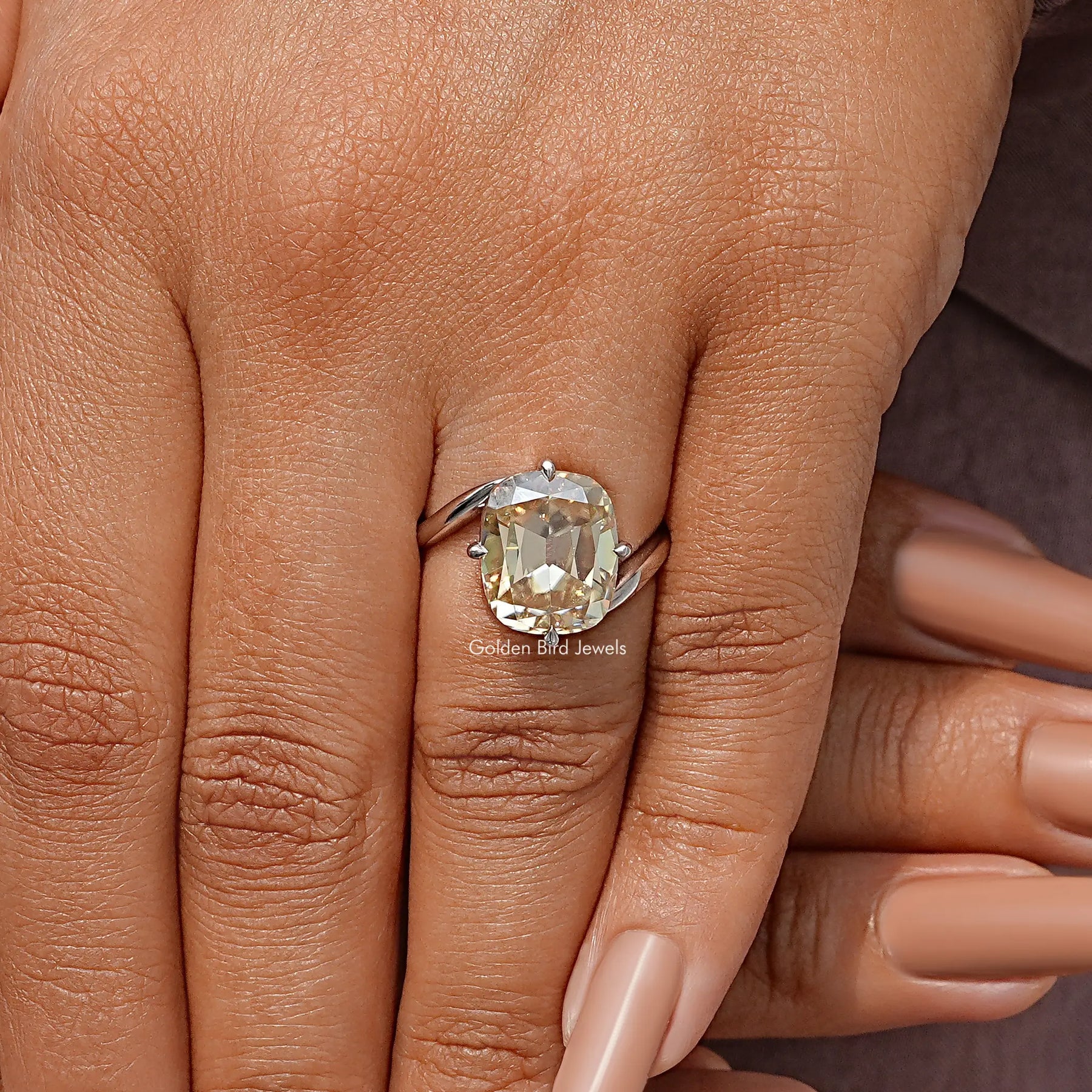 Bypass Shank Old Mine Yellow Cushion Moissanite Solitaire Ring