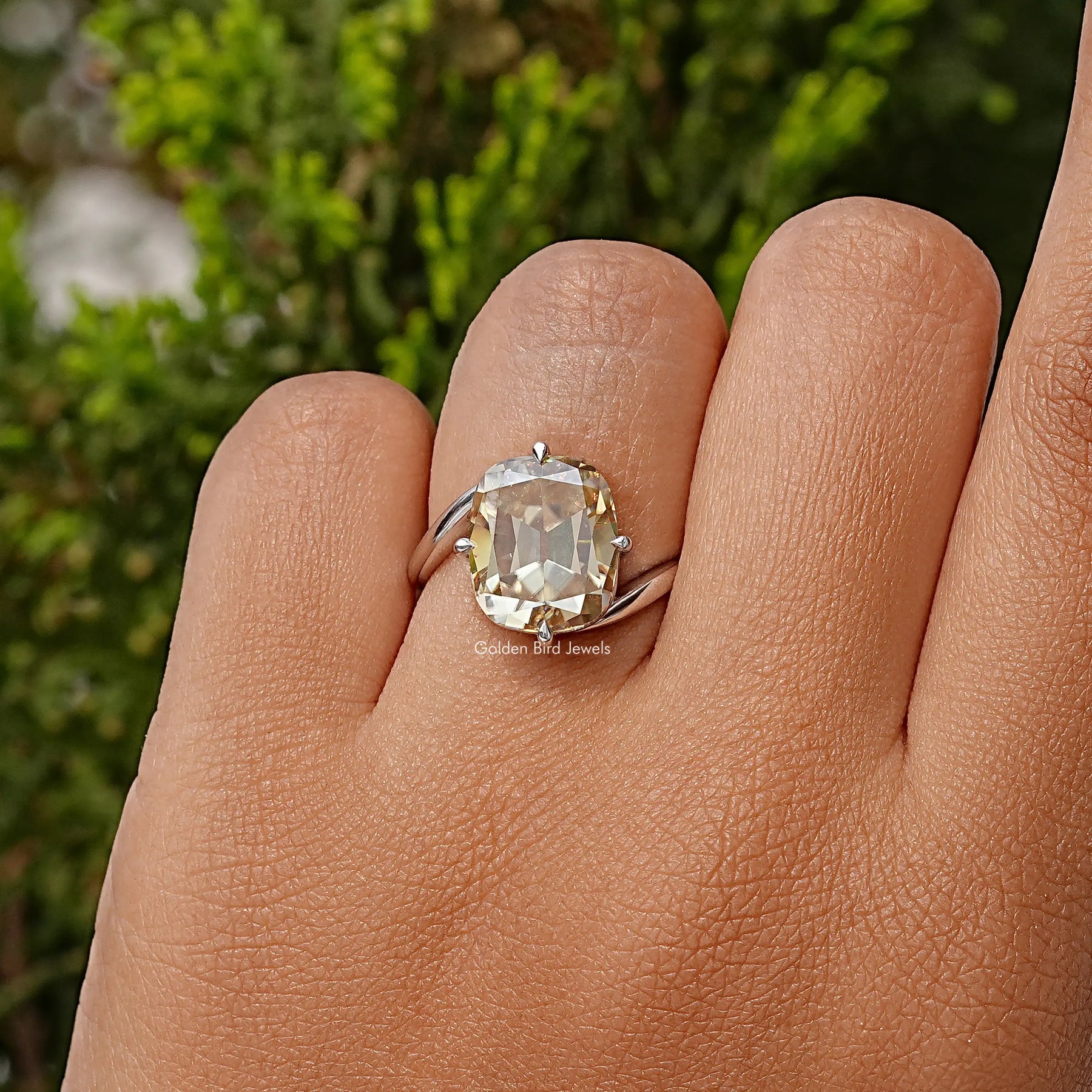 Bypass Shank Old Mine Yellow Cushion Moissanite Solitaire Ring