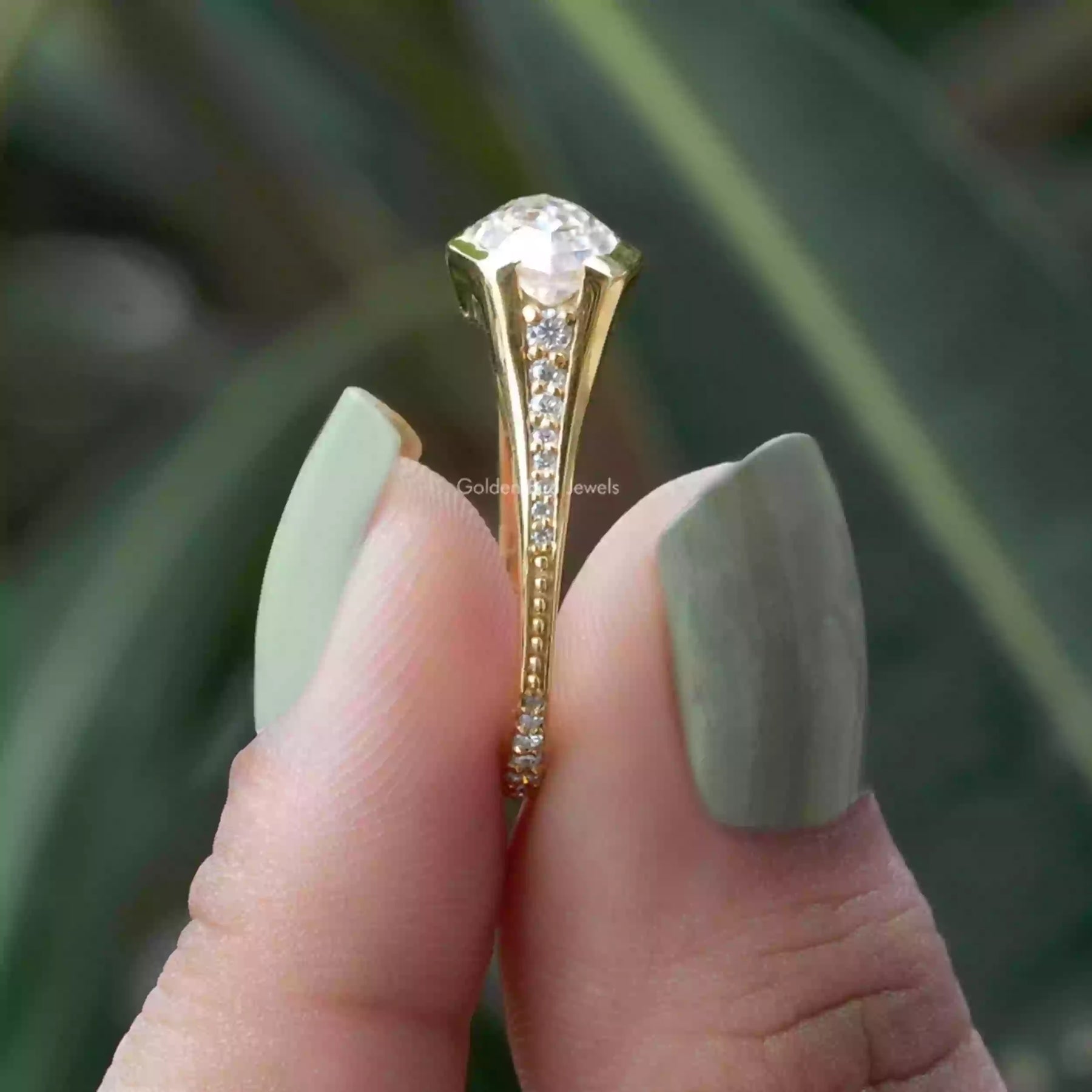 [Side view of marquise and round cut moissanite eternity wedding ring]-[Golden Bird Jewels]