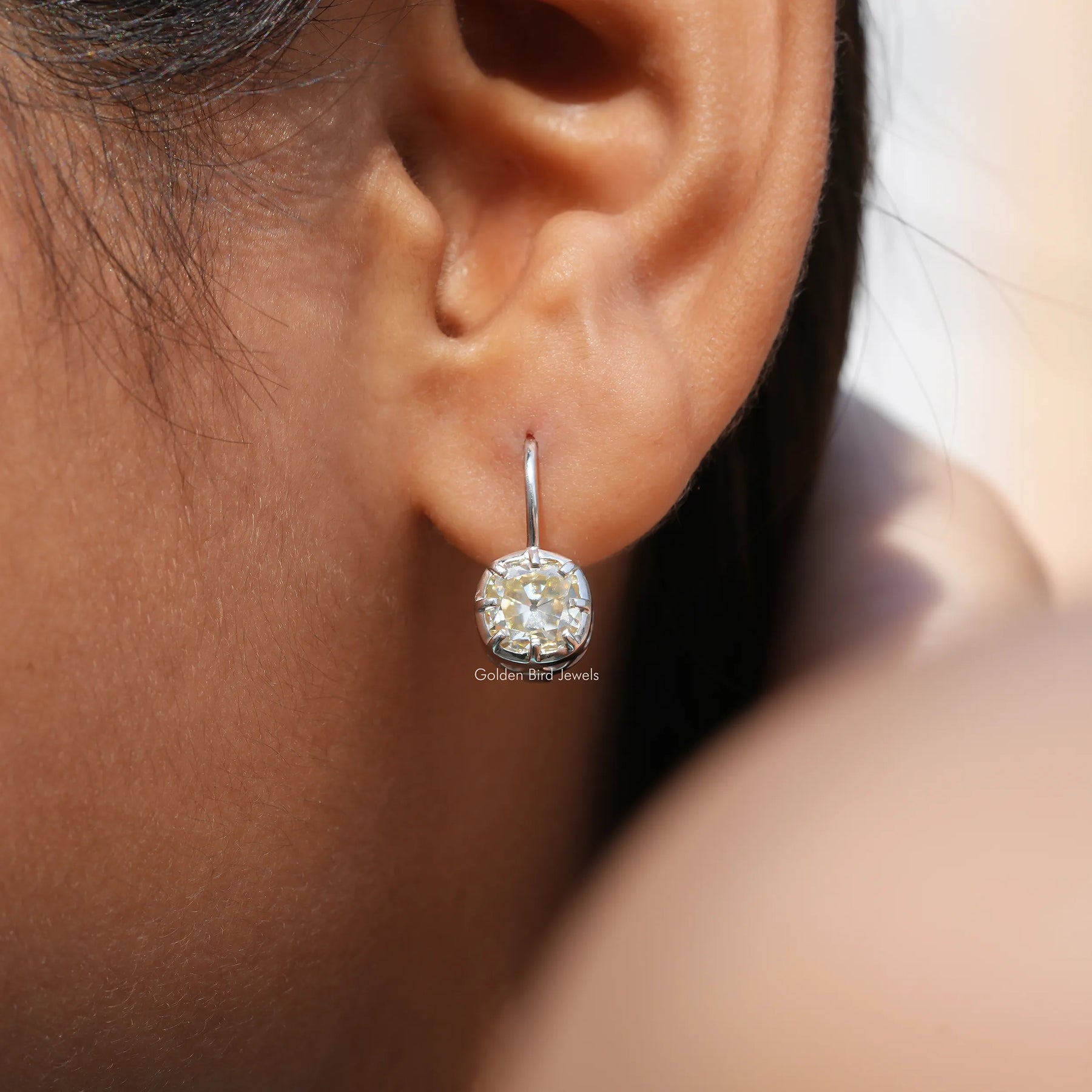 [White Gold Cushion Cut Moissanite Earrings]-[Golden Bird Jewels]