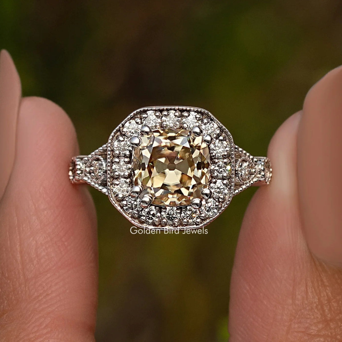 Yellow Old Mine Cushion Moissanite Halo Accent Ring